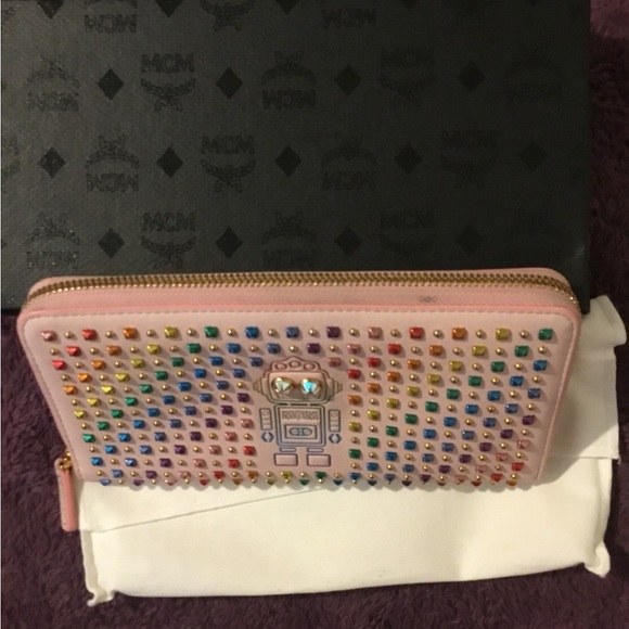 MCM Rainbow Studded Robot Pink Leather Full Size Zipper Wallet - Picture 6 of 16